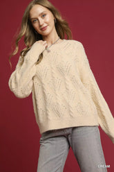 Umgee Pearl-Embellished Long Sleeve Sweater Cream OutfitFlow